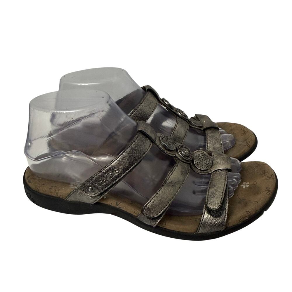 Taos Prize 3 Sandals Womens Size 8 Pewter Slip On Adjustable Straps Medallions